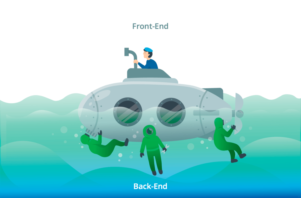 reprentacion de vector de submarino con buzos debajo del agua y marinero encima representando lo que significa front end y back end