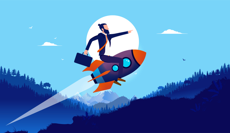 Consultor seo, vector, ilustración de ejecutivo subido en cohete volando por encima de la montaña y árboles