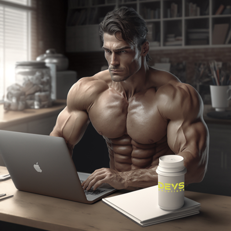 imagen fotorealista de hombre musculado sentado trabajando en portatil macbook pro