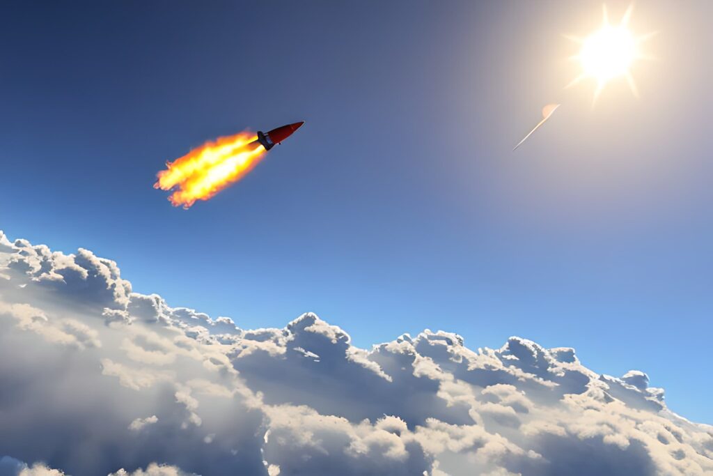 un cohete volando entre nubes con el sol de fondo